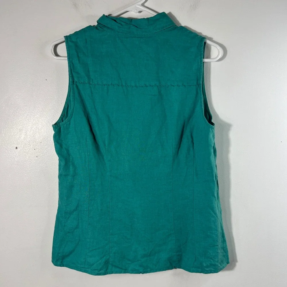 Mountain Lake Sleeveless Linen Button Shirt Green M Embroidered Details